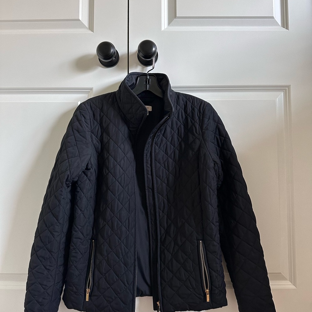J Crew Black Quilted Jacket with Gold Zippers